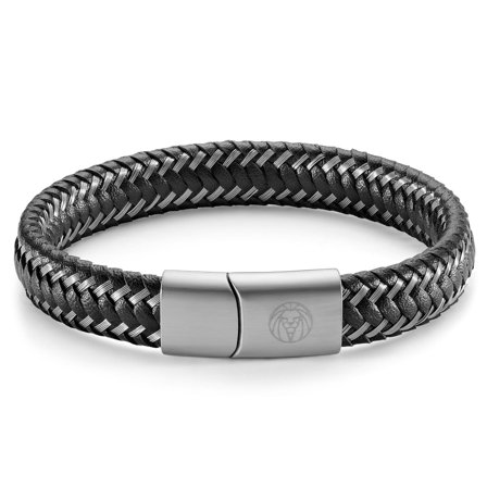 Bracelet en cuir noir tressé et acier pour hommes - Bracelets en cuir