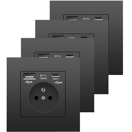 4-pak vægstik med USB og Type-C, 5V 2100mA, Schuko AC, universal kontakt, passer til mobil og tablet