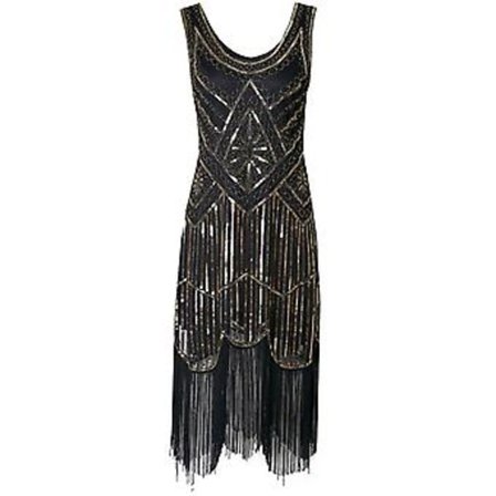 Kvinders 1920'er Flapper Kjole Lang Frynset Great Gatsby Kostume Kjole 20'er Vintage Fest Paljetter Perler Vintage Kjoler (2XL Sort Guld)