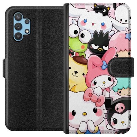 Kompatibelt Lommeboketui til Samsung Galaxy A32 5G Tett mønster av søte figurer med store øyne i ulike farger og uttrykk med LABUBU-tekst