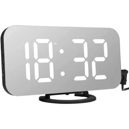 Digital vekkerklokke, LED-speilalarm digital vekkerklokke nattbord vekkerklokke moderne LED morgenvekkerklokke med 2 USB-porter, justerbar lysstyrke, 