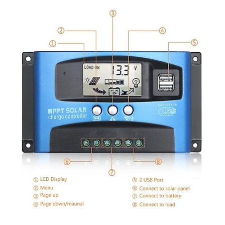 Mppt solcellepanel regulator smart 12V/24V batteri med 5-port USB LCD-display, maksimal ladestrøm 60A