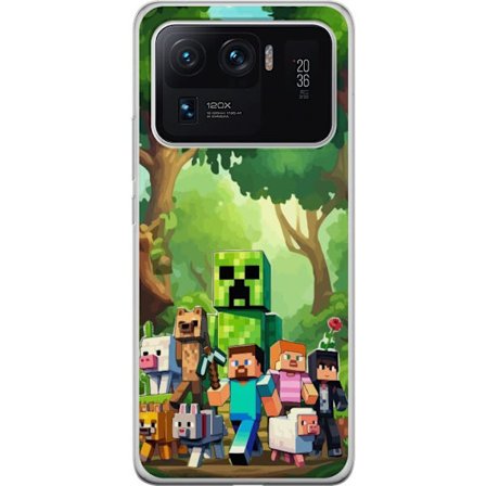 Kompatibelt Mobildeksel til Xiaomi Mi 11 Ultra Blokkete pikselerte spillverden med grønne figurer og dyr i frodig skogsmiljø