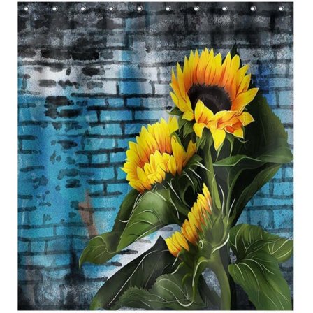 Auringonkukat Seinä Rustic Kangas Suihkuverho Kylpyhuoneen Sisustus Koukkujen Kanssa Vedenkestävä Pesu 72 x 72 tuumaa Keltainen Vihreä Sininen