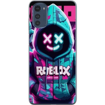 Motorola Moto E32s Gjennomsiktig deksel Roblox neon hettegenser i nærbilde med intensivt nærbilde av forkledt karakter i rosa og blått neonlys, som