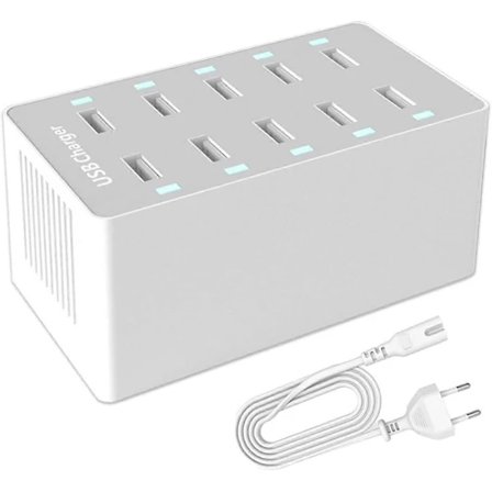 USB Ladestation, 50W 10-Port USB Ladehub, Multi-Port USB Oplader med Smart Detektering, Kompatibel med iPhone, Galaxy, iPad Tablet og Andre US...