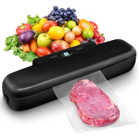 Hushållsvakuumförpackare med 50 vakuumpåsar - Kompakt vakuumförpackningsmaskin för torr och våt matförvaring - Svart - Enknappsfunktion