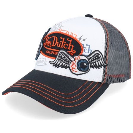 Von Dutch - Vit trucker Keps - Multi Patches Black/White A-Frame Trucker @ Hatstore