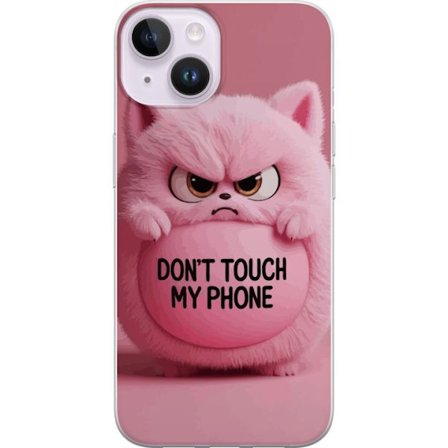 Kompatibel Mobilcover til Apple Apple iPhone 15 Vred pink fluffy kat med teksten "Rør ikke min telefon", et humoristisk beskyttelsesmotiv som passer