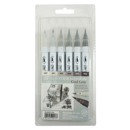 ZIG Kuretake Clean Color Real Brush 6-pack Cold gray