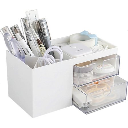 Liten skrivebordsorganisator for kvinner og jenter, skrivebordsoppbevaringsboks, skrivebordsoppbevaring, sminkeoppbevaring med 5 rom (liten, hvit)