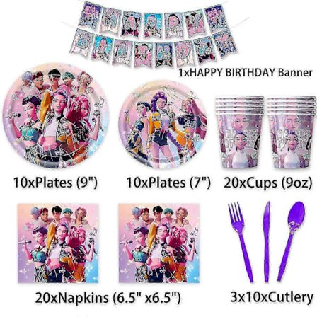 Kpop Demon Hunters -syntymäpäiväjuhlasetti – Pöytäliina, lautaset, mukit, ilmapallot ja kakunkoriste lastenjuhliin, lusikka 10 kpl