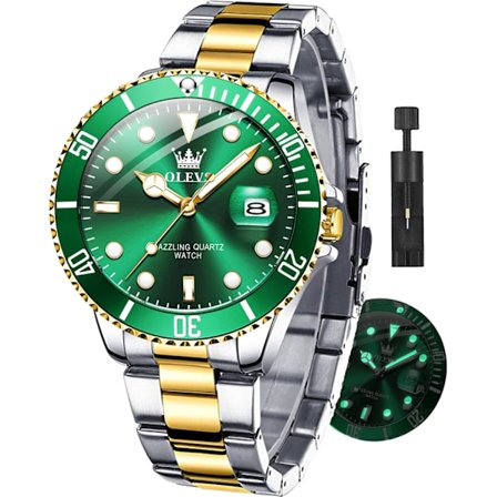 Miesten kvartsikello, iso kellotaulu, timanttikoristeltu, vedenpitävä kello (vihreä kulta)