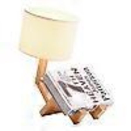 Bordlampe i stof med LED, træfod, hvid, sengelampe, moderne simpelt design, opbevaringslampe