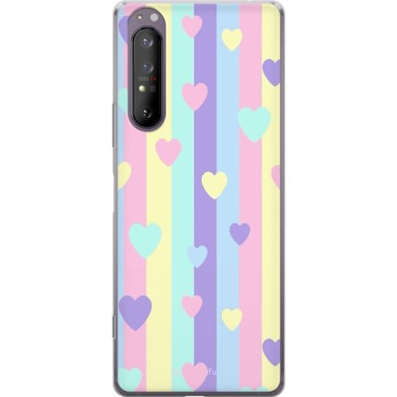 Yhteensopiva Puhelinkuori Sony Xperia 1 II Pastelliraitoja pinkissä, keltaisessa, violetissa ja sinisessä, joissa on hajallaan pehmeitä kawaii-tyylisi