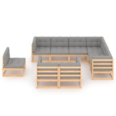 Vidaxl Loungegrupp För Trädgården Med Dynor 9 Delar Massiv Furu Grå