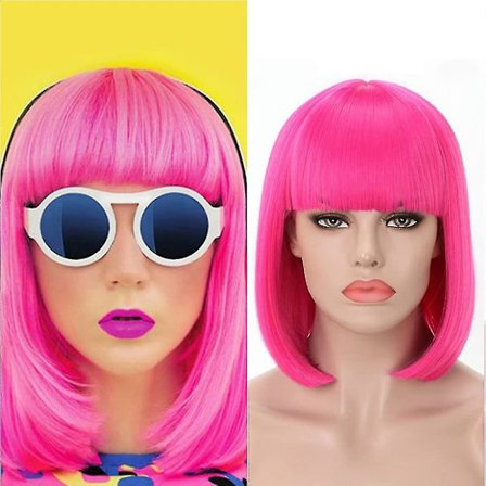 Rosa Stjärna Kort Bob Peruk med Rak Lugg Rak Syntetisk Färgglad Kostym Cosplay Peruk för Kvinnor (Ljusrosa)