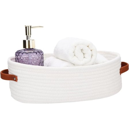 Oppbevaringskurver for bad - Flettet toalettpapirkurv i bomullsrep med skinnhåndtak - Kompatibel med bad, soverom og stue