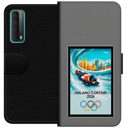 Yhteensopiva Lompakkokotelo Huawei P smart 2021 Dynaaminen kelkkailija tai skeleton-ajaja jääkanavalla Milanon Cortina 2026 kanssa, kaupunkinäkymä ja