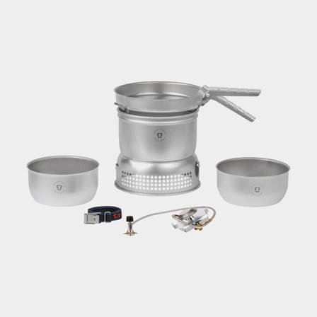 Cocina portátil de gas / cocina de tormenta Trangia 27 Small, 2100 W + 2 ollas, 1 sartén en Duossal 2.0 laminado + cortavientos en aluminio UltraLight