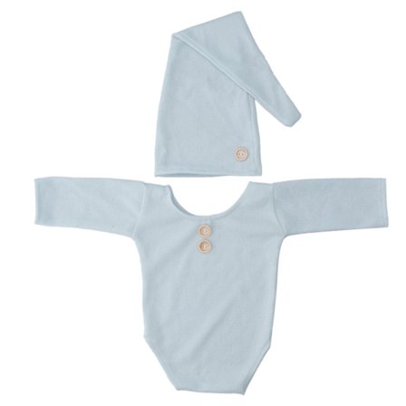 Baby virkad stickad fotokläder ljusblå baby fotodräkt med lång svanshatt för spädbarn från 0-2 månader