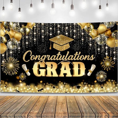 2024 Examen Fest Dekorationer Banner, Svart Guld Grattis Examen Bakgrundsbanner Klass av 2024 Examen Fest Dekor Fotobakgrund
