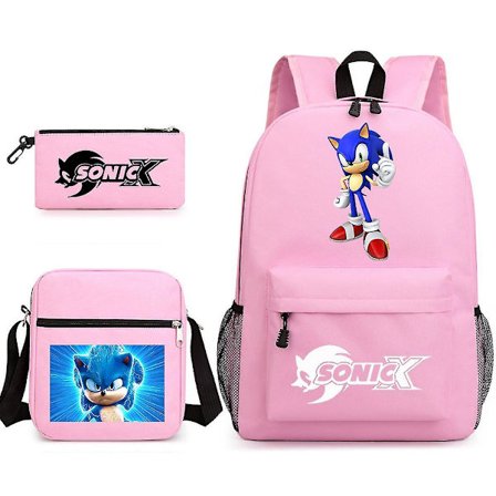 3pcs/set Sonic The Hedgehog Satchel Anime Pink Backpack With Pencil Bag Messenger Bag Water Resistant