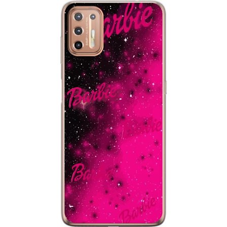 Motorola Moto G9 Plus Gennemsigtig cover Barbie pink galakse pink og sort stjernehimmel med flere Barbie-tekster perfekt til mode popkultur og farveri