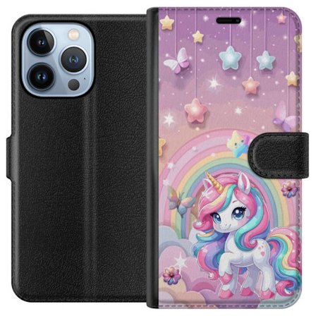 Kompatibelt Lommeboketui til Apple iPhone 13 Pro Magisk enhjørning med regnbue manke, stjerner og sommerfugler mot en pastellhimmel med skyer