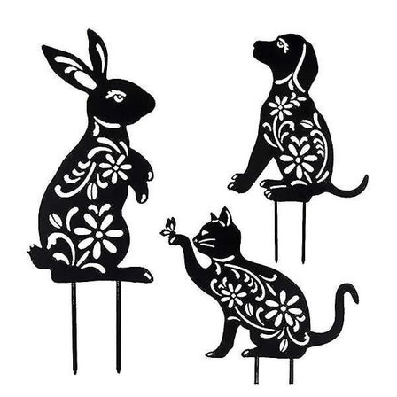 3 stk. Dyrefigurer i sort - Hund, Kanin og Kat - Dekoration til Have og Græsplæne