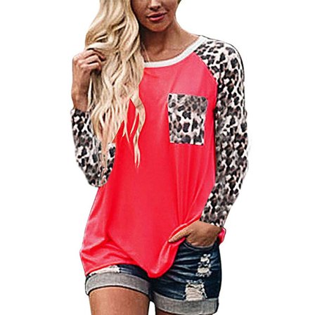 Kvinnor Casual Långärmad T-shirt Leopard Print Patchwork Toppar