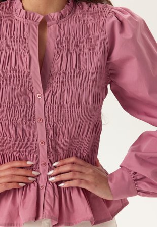 BUBBLEROOM-V-neck Cotton Smock Blouse-L