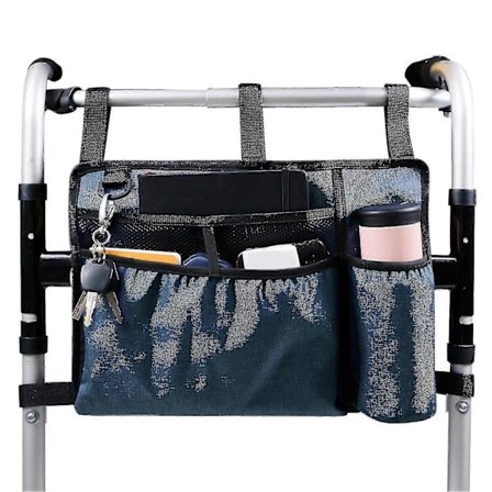 Opbevaringstaske til rollator med kopholder, stor kapacitet, tilbehørskurv giver håndfri opbevaringsplads til rollatorer og kørestole
