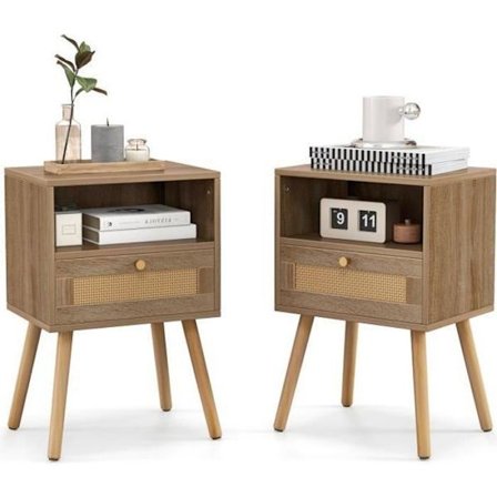 COSTWAY sæt med 2 rattan sengebord med skuffe og åben hylde, 4 massive træben, 40 x 30 x 60,5 cm