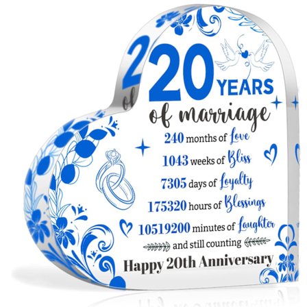20-års bryllupsdag Plakette Gaver til hende ham, hjerteformet akrylplakette akrylskilt Gaver til 20-års bryllupsdag