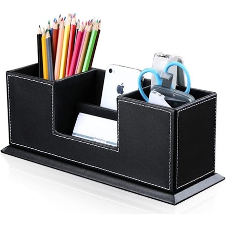Skrivebordsarrangør i PU-lær, firkantet penn- og blyantholder, kontortilbehør, oppbevaringsboks