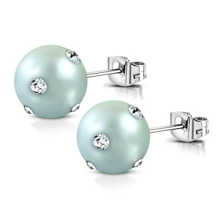 Stiftörhängen Stud Örhängen i Kirurgiskt Stål 316L i Silver Färg med Ljus Turkos Pärla & Klara Cubic Zirconia - 10 mm