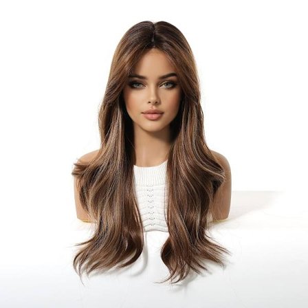 Lang Bølget Brun Gradient Paryk med Pandehår - Varmebestandigt Syntetisk Hår til Fest & Hverdagsbrug