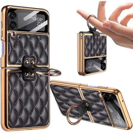 Rhomboid skinnveske for Samsung Galaxy Z Flip 3 med ring, galvanisert rammebeskyttende deksel