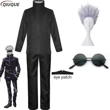 2023-anime Jujutsu Kaisen Gojo Satoru Cosplay Kostym Toppar Byxor Ögonlapp Halloween Party Män Uniform Peruker-1-1 Black Package 6 S