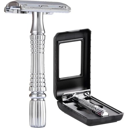 Dobbeltsidet Sikkerhedsskraber Rustfri Genanvendelig Manuelt Rustfrit Stål DE Vådbarbering til Mænd Kvinder med Spejl Rejsetaske sølv