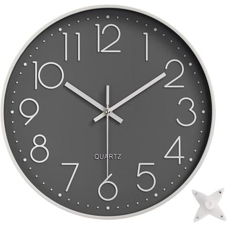 Stille Veggklokke 12 Tommer Kjøkkenklokke Kvarts Batteridrevet Rund Moderne Hjemmedekor Klokke for Kontor Klasserom Stue Soverom Grey-white