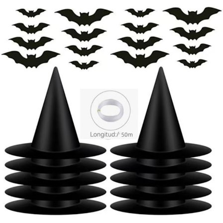 12-pakkaus noitahattuja, 50 m siimaa ja 24 lepakkoa - Halloween-lentävien noitahattujen koristelusetti, riippuvat noitapiirijuhlatarvikkeet -FX-