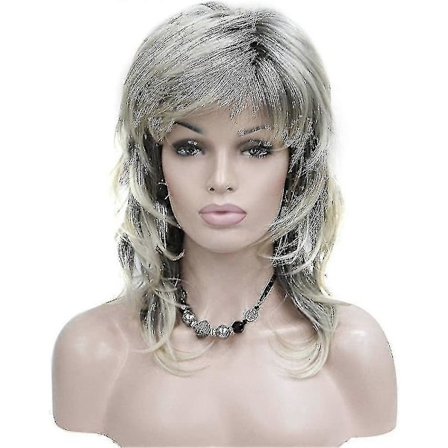 Paryk Lang Lagdelt Blond Grå Ombre Shag Klassisk Hætte Fuld Syntetisk Paryk