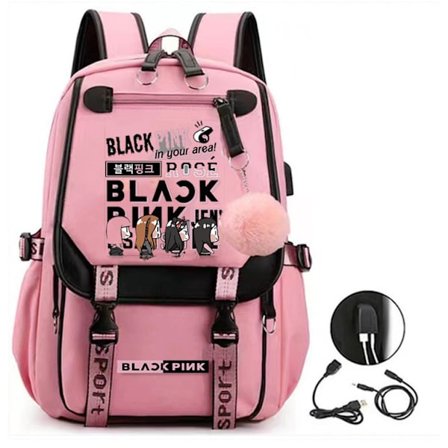 Rygsæk Laptop taske Bogtaske med USB opladning Hovedtelefon Port (BlackPink) (style2)