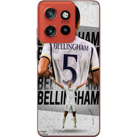 Kompatibelt Mobildeksel til Motorola Edge 50 Neo Real Madrid fotballmotiv med Jude Bellingham i nummer 5 drakt, stort klubbemblem, sterk atletisk pose