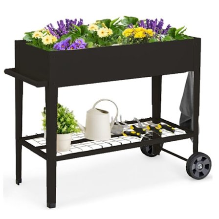 Kohotettu Istutuskori COSTWAY Pyörillä, Säilytyshylly, Ripustuskoukut, Kahva, Metallikehys, Musta
