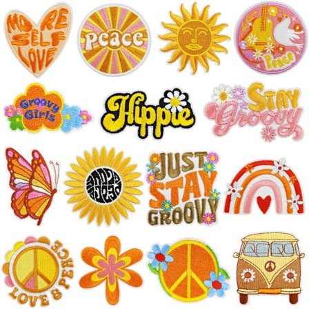 15 stk. Vintage Hippie Stryke på Merker Oransje Broderte Sy på Merker Applikasjoner Utsmykninger for Hatter Klær Jakker Ryggsekker og DIY-dekorasjoner
