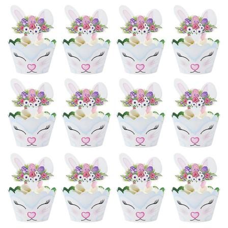 24kpl Pääsiäispupu-Cupcake-Kääreet Paperiset Kakku-Koristeet Pupun Muotoiset Lautasliinat Vauvakutsuihin Syntymäpäiville Pääsiäisjuhliin Koristeluun 
