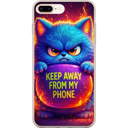 Yhteensopiva Puhelinkuori Apple Apple iPhone 7 Plus Vihainen pörröinen sininen kissa, jossa teksti "Pidä loitolla puhelimestani" neonväreillä ja